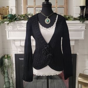Stella Forest Black Handknit 100% Cotton Cardigan Size 3 (Small)